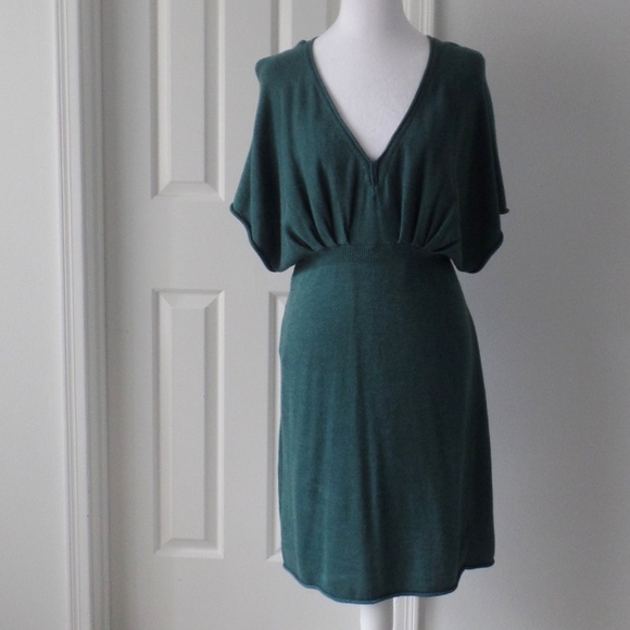 Y2K Vintage Woman's V-neck Knit Dress Elegant Bohemian Mini Emerald Green Large - Picture 3 of 9